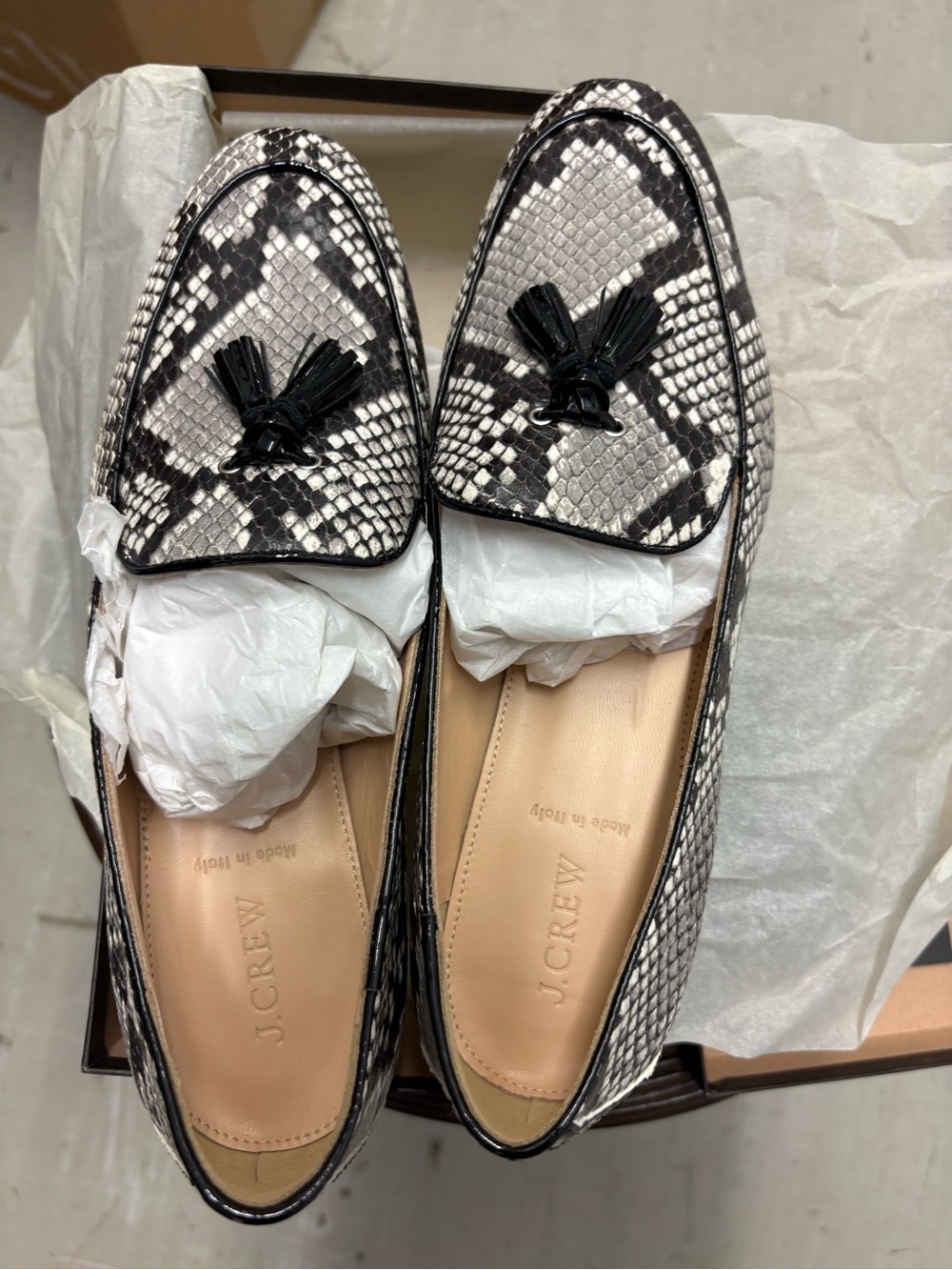 J. Crew Charlie Tassel Snakeskin Loafers. Size 9. New.